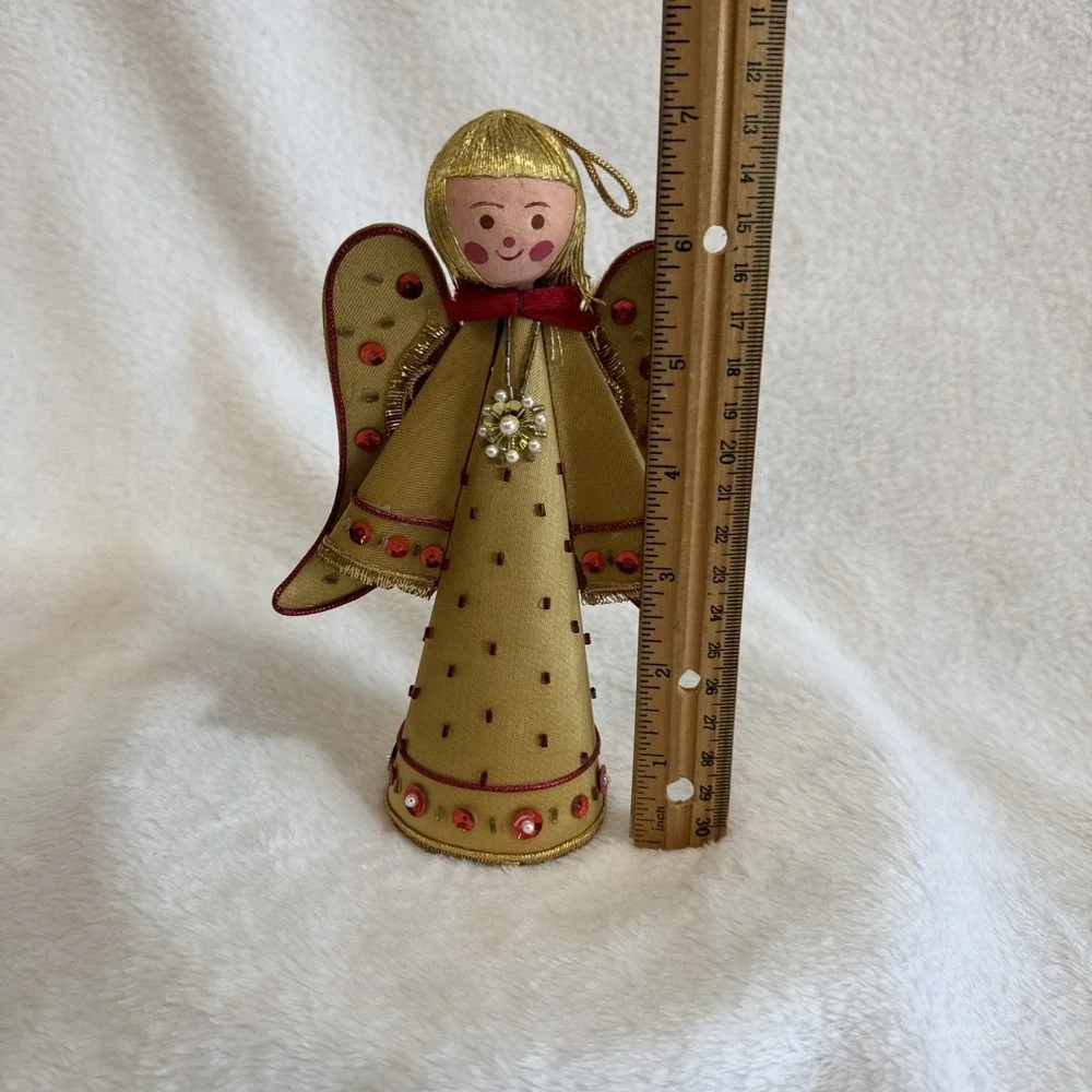 Vintage Gold Fabric Angel Christmas‎ Tree Topper Ornament Sequin Bead MCM